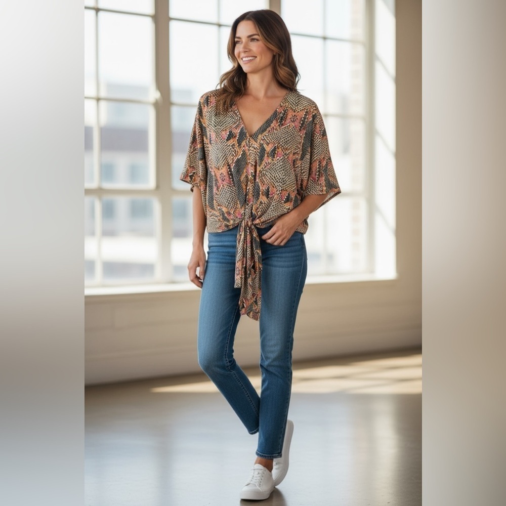 Adrienne Vibrant Patterned V-Neck Blouse NWT Small